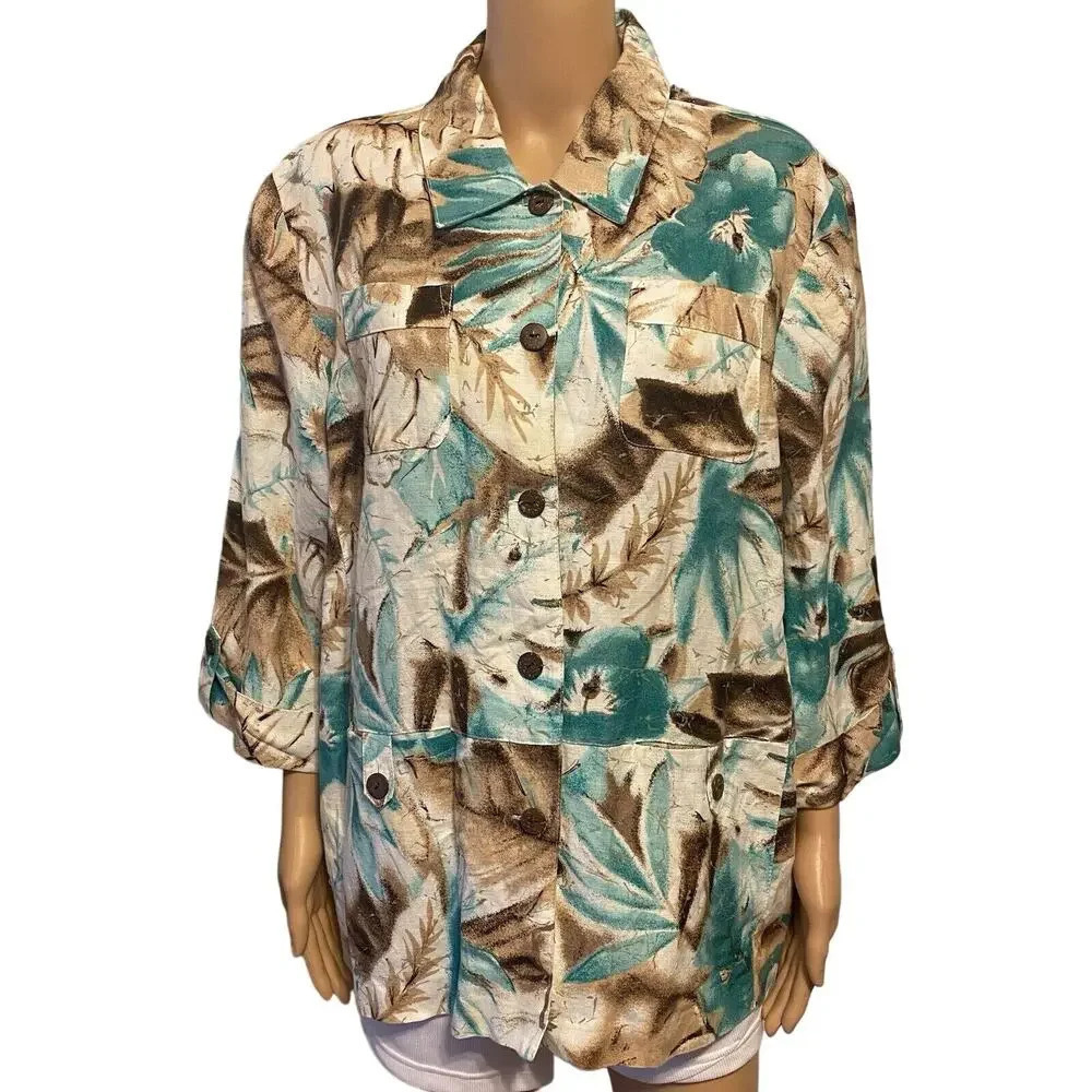 Y2K Womens 16 Linen Blend Chore Shirt Jacket Button Up Roll tap 4Pockets Floral